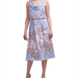 Vince Camuto Women’s Blue Zippered Tie Chiffon Sleeveless Cowl Neck Midi Dress